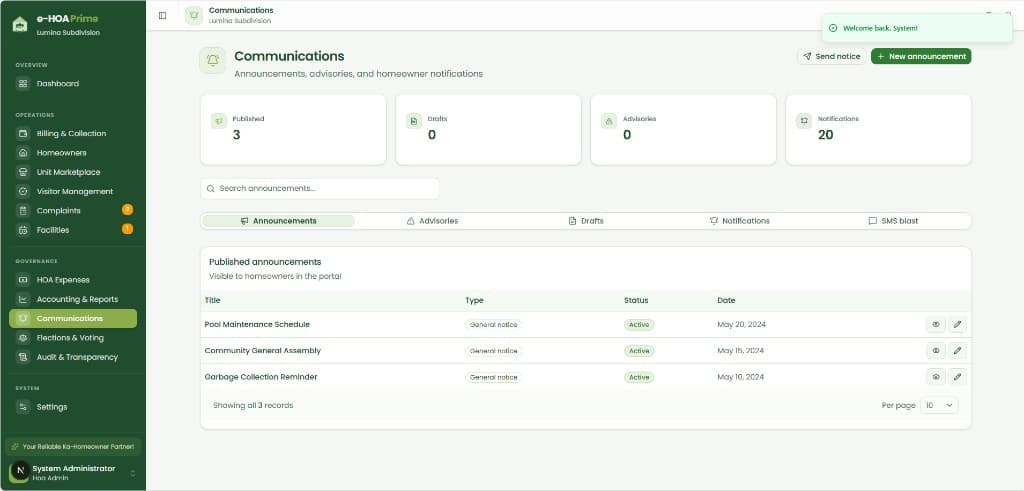 e-HOA Prime communications dashboard